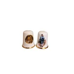 Vintage Porcelain Thimbles Lion & Boy Bone China Sewing Set of 2